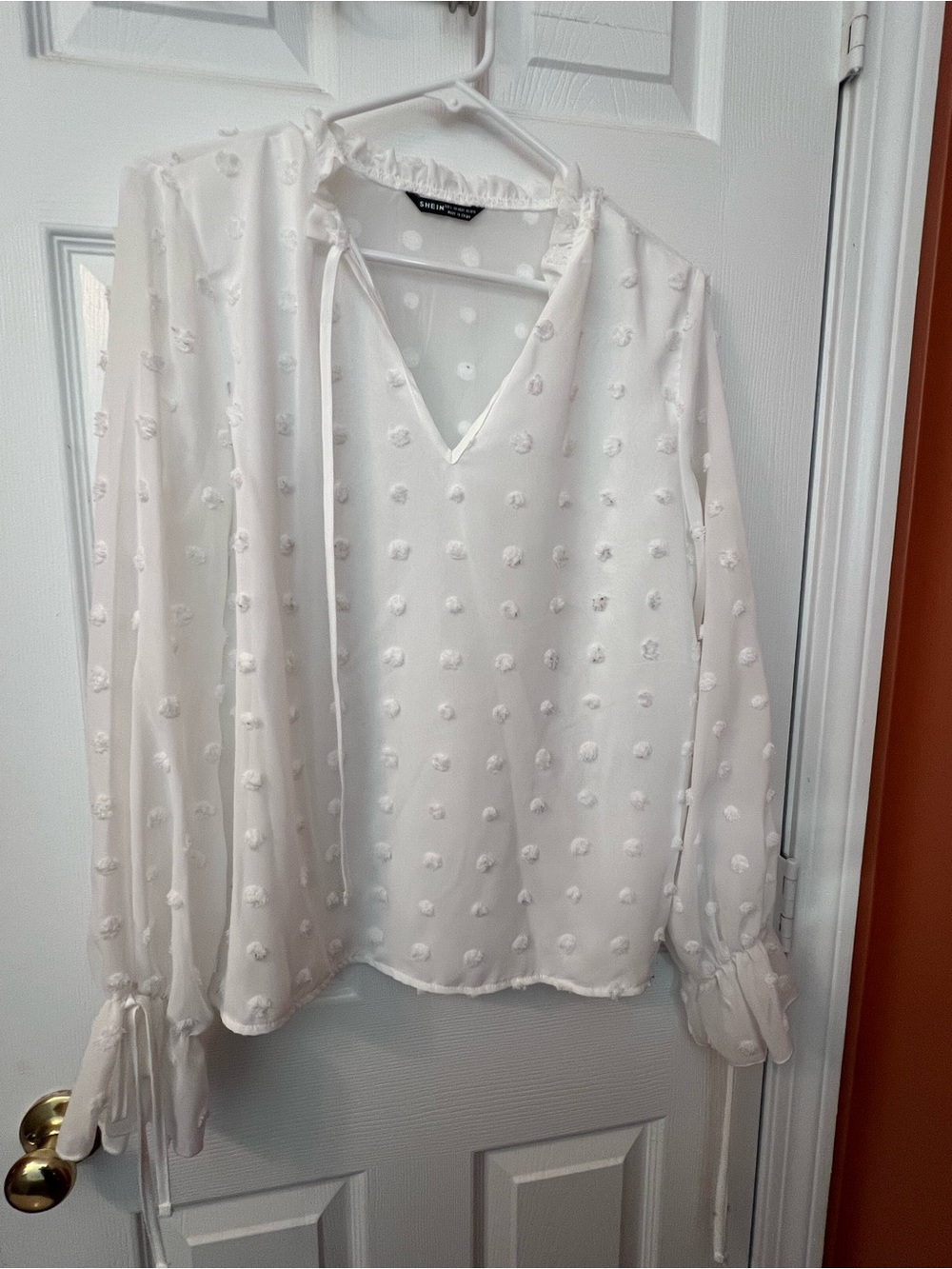 SHEIN White Swiss Dot V-Neck Long Sleeve Blouse
